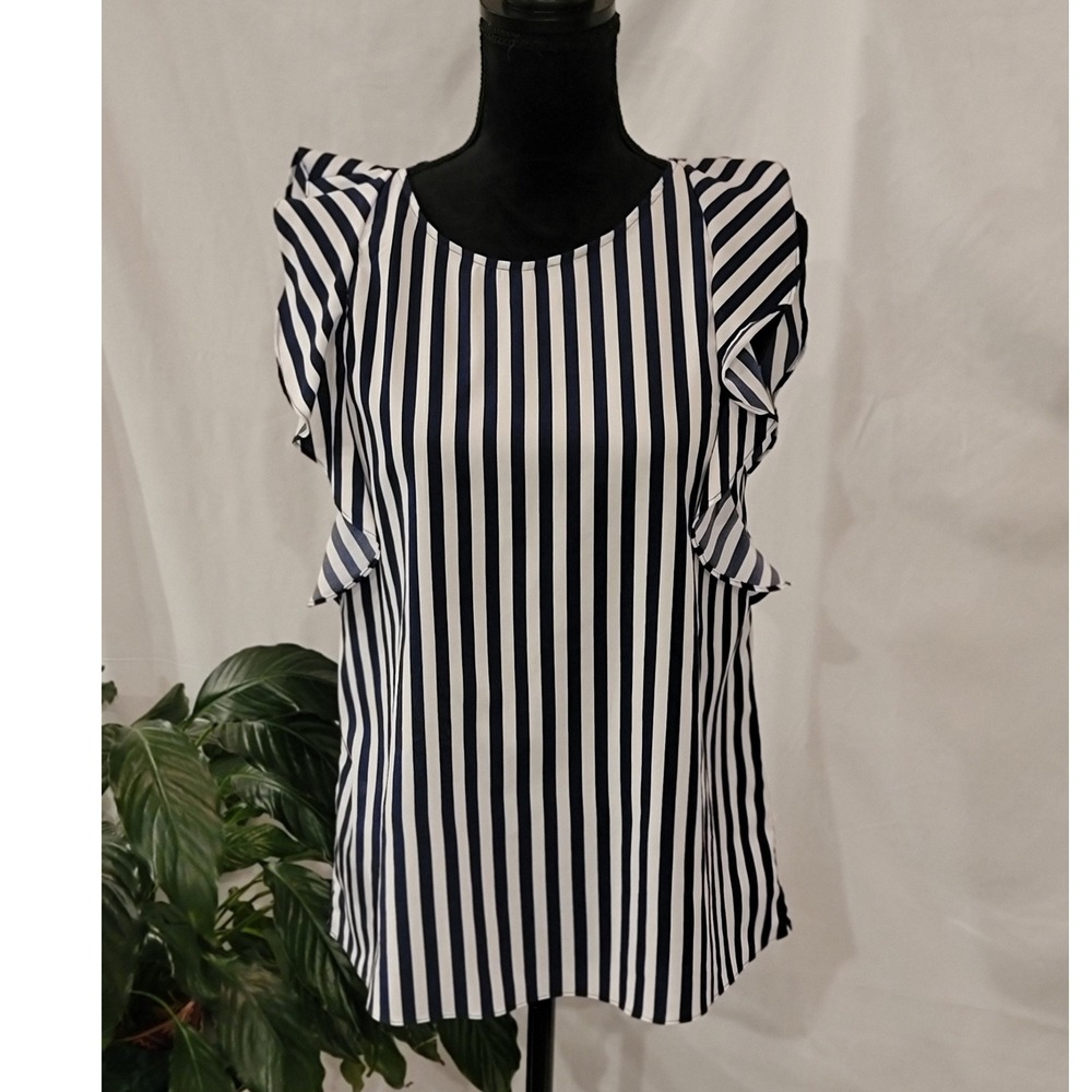 Juicy Couture Navy Blue White Striped Ruffle Sleeve Blouse Top Medium